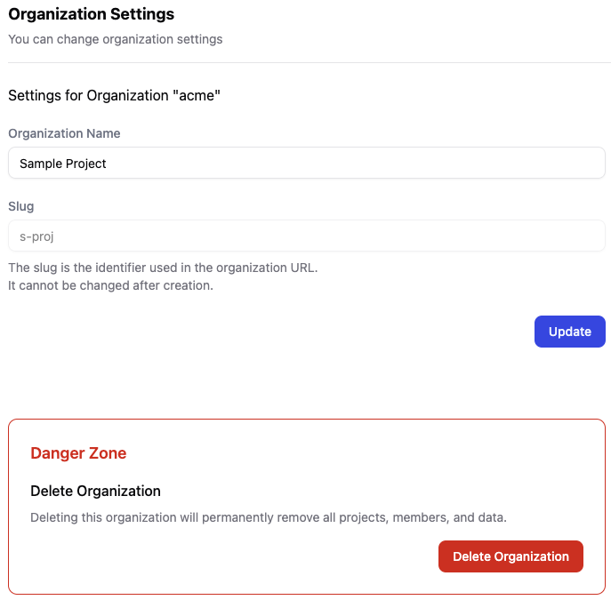 Organization settings screen
